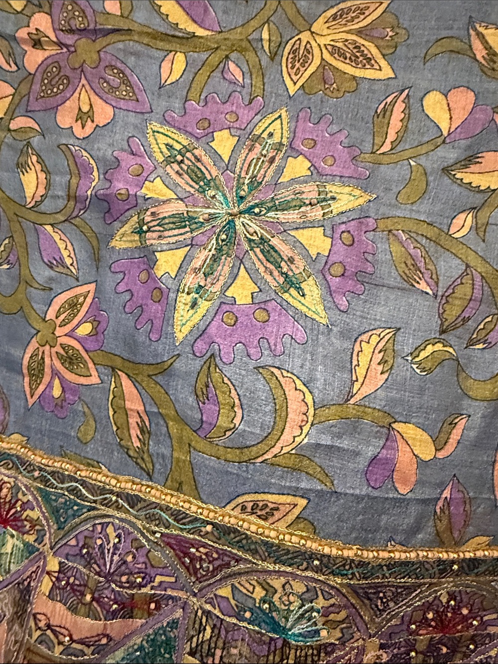 African Wrapper Dress Blue Purple Green Floral & Geometric Print Beaded Fabric - Picture 7 of 7